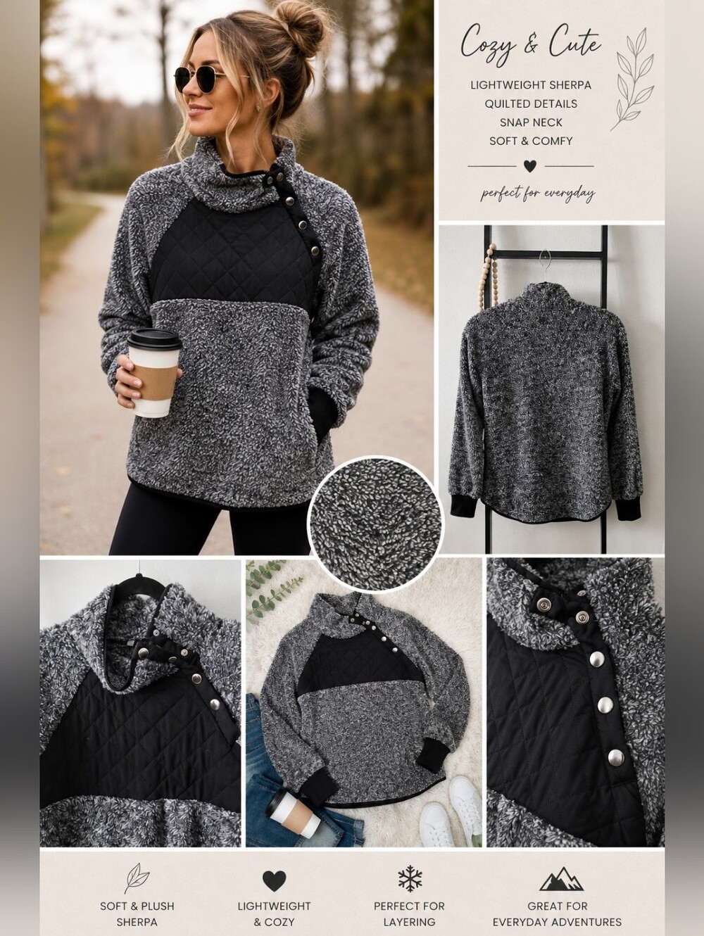 Gray Black Sherpa Pullover Quilted Snap Front Cozy Fleece Size Small